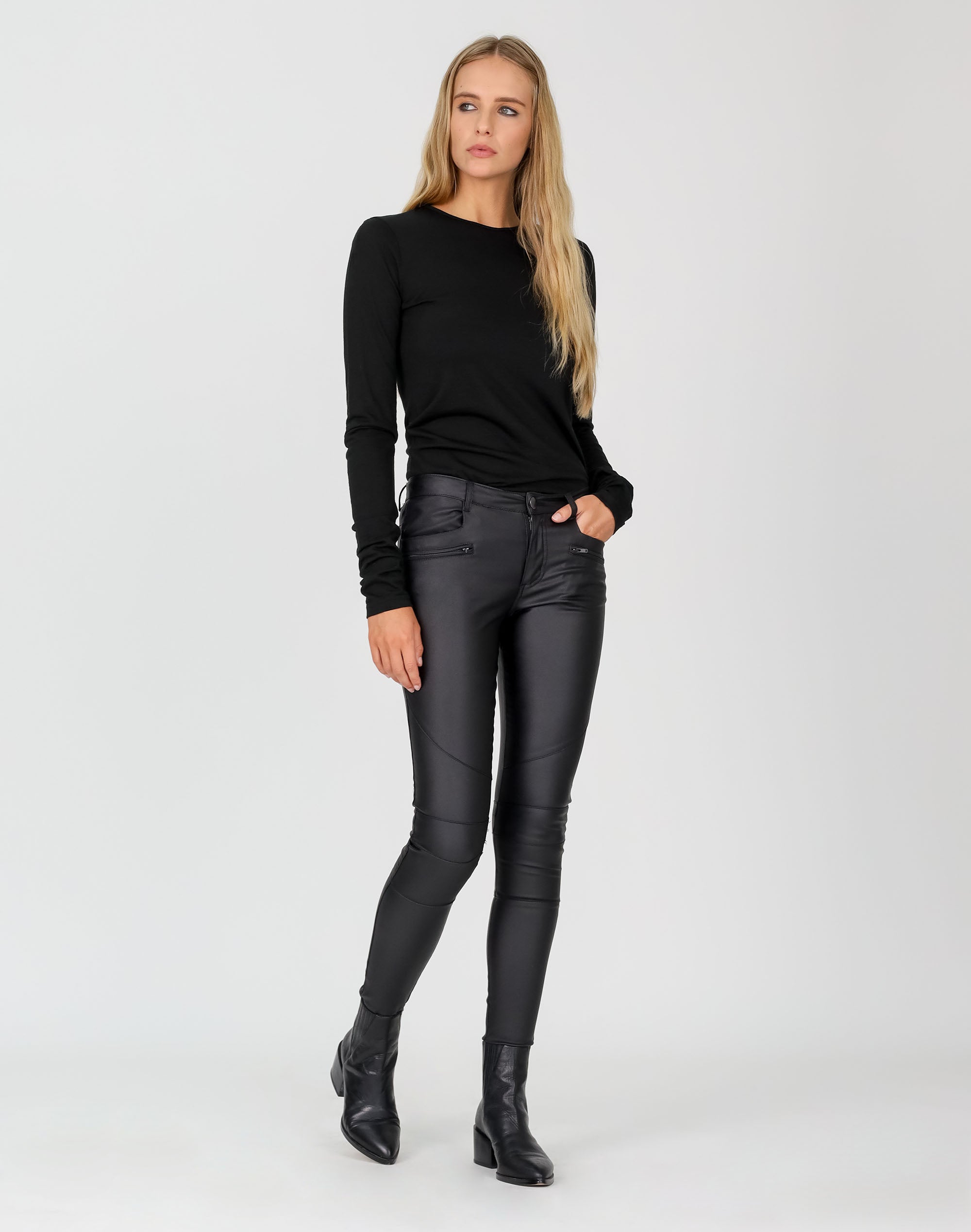 Mid Rise Leather Look Jean