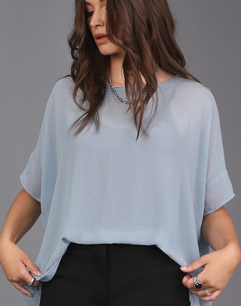 Relaxed Sheer Short Sleeve Top - Dusty Blue