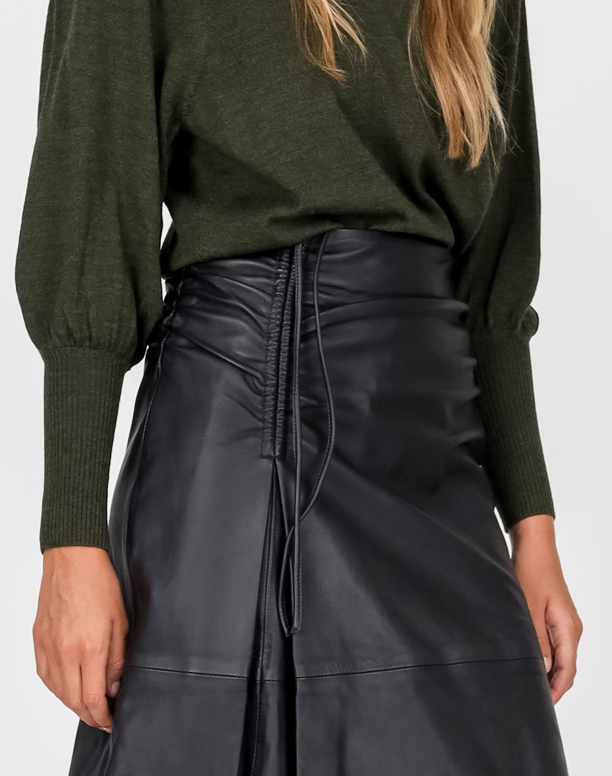 Ruched Front Tie Leather Skirt