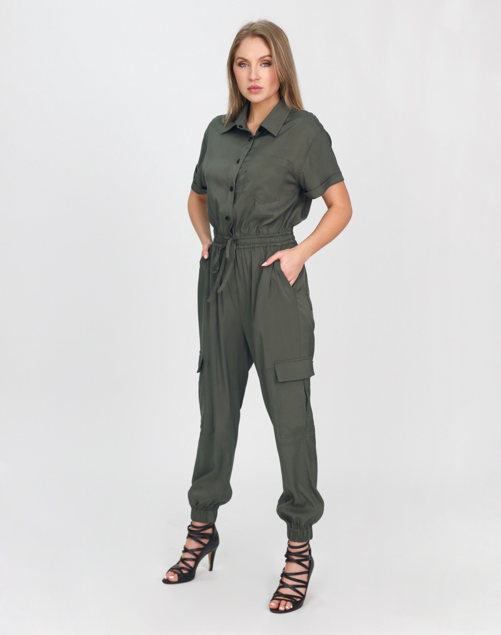 SALE: Olive Green Loose Jumpsuit With Short Sleeve | SilkFred US